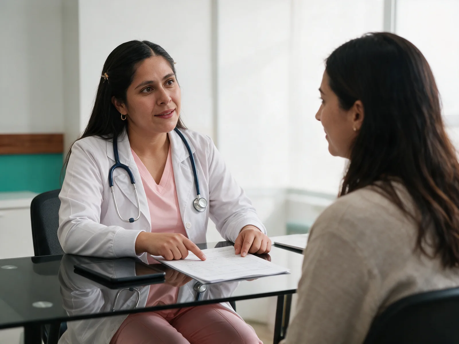 Dra. Wendy Salcedo orientando a una paciente durante una consulta integral